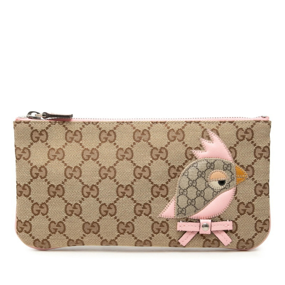 Gucci GG Canvas ZOO Parrot Handbag Pouch 284699 Beige Pink Leather Women's GUCCI